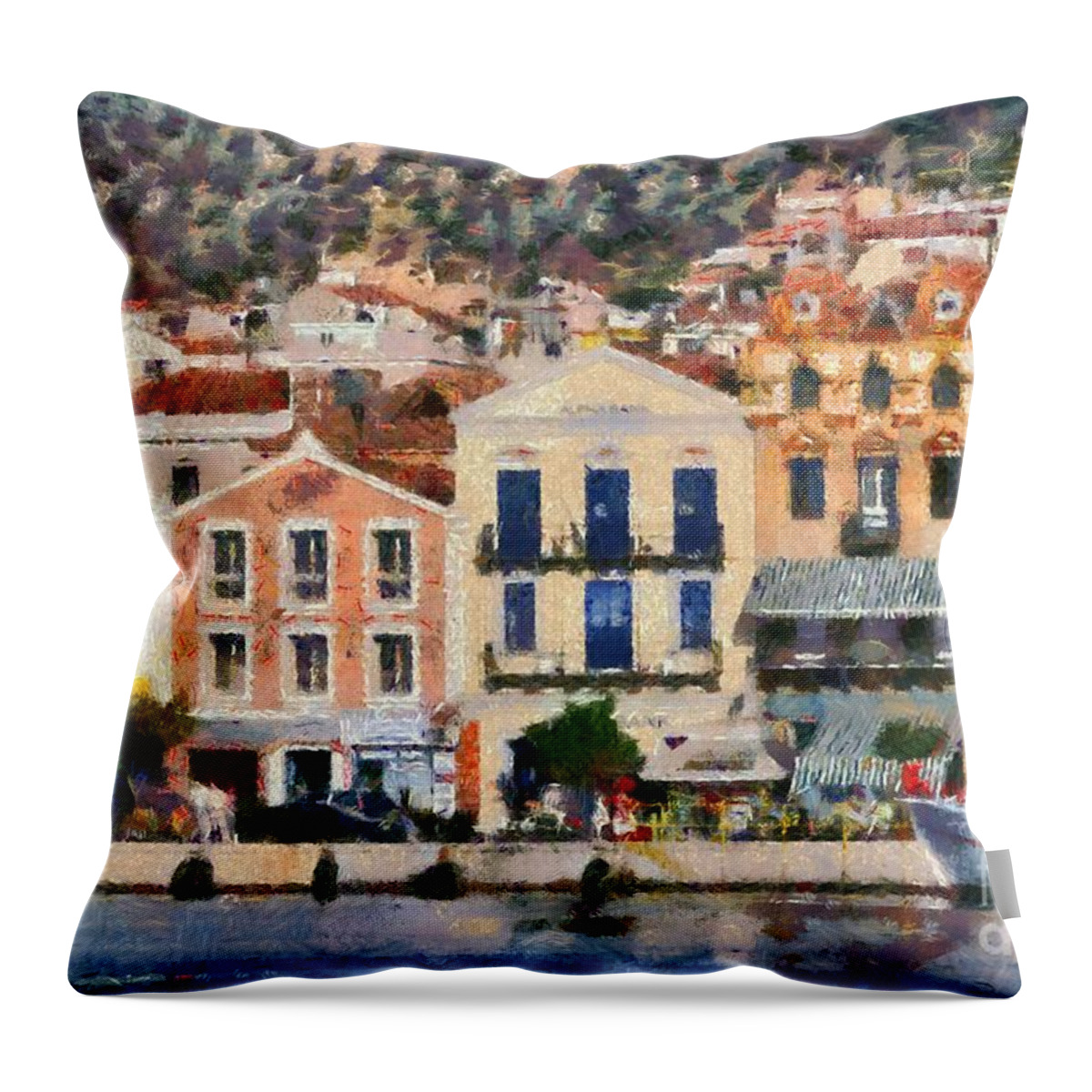 Lesvos; Lesbos; Mytilini; Mitilini; Mytilene; City; Town; Port; Harbor; Islands; Greece; Hellas; Greek; Aegean; Island; Summer; Holidays; Vacation; Tourism; Touristic; Travel; Trip; Voyage; Journey; Buildings; Tradition; Traditional; Architecture; Design; Bank Throw Pillow featuring the painting Mytilini port #8 by George Atsametakis