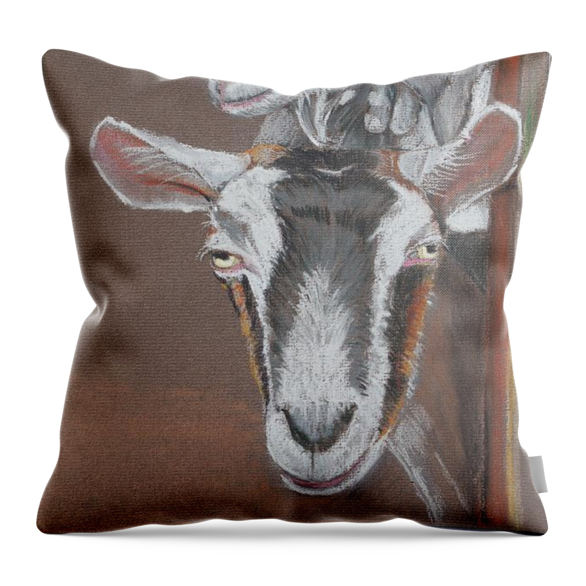 Goats Throw Pillow featuring the pastel 3 Nosey Goats by Teresa Smith