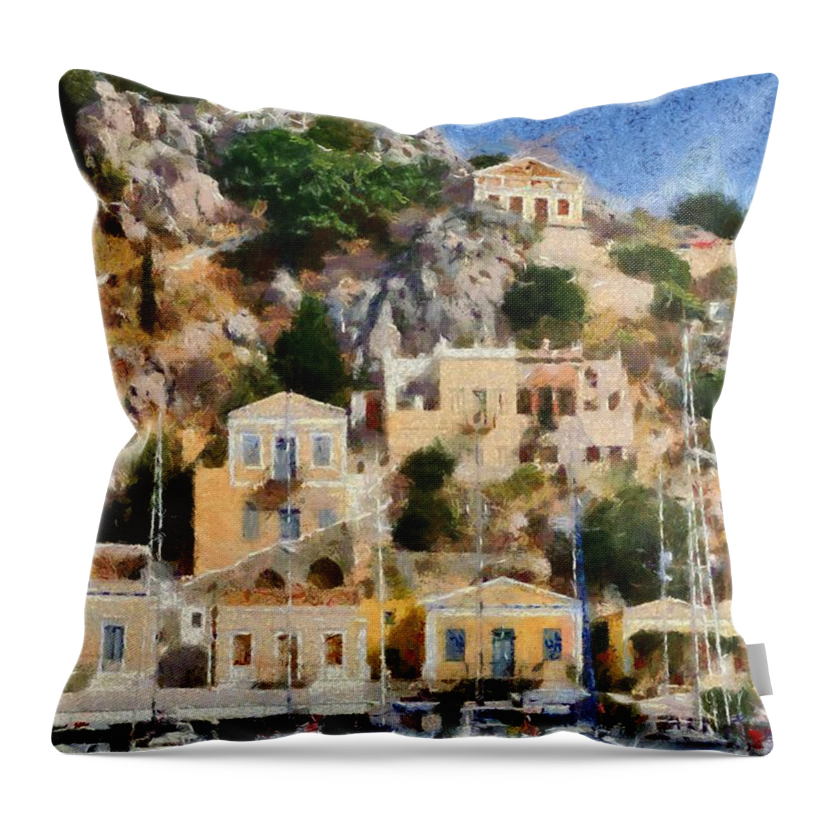 Symi Throw Pillow featuring the painting Symi island #12 by George Atsametakis