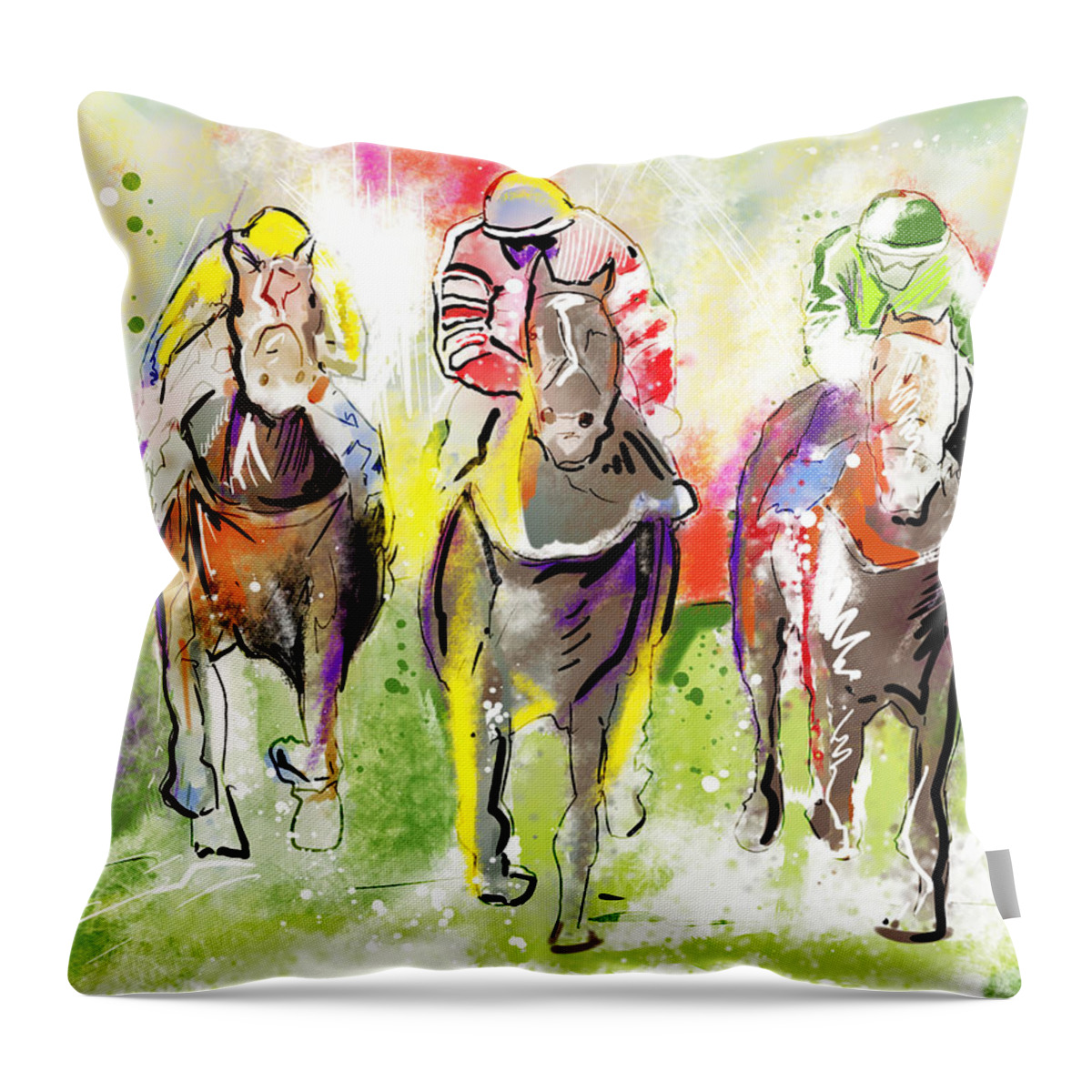 Horse Racing Throw Pillow featuring the painting 3 to Race by John Gholson
