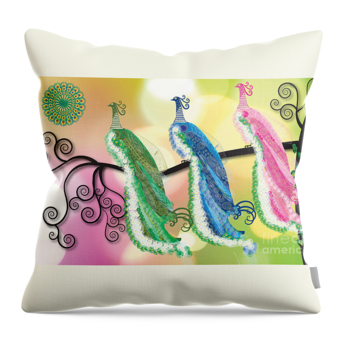 Peacocks Throw Pillow featuring the digital art Visionary Peacocks by Kim Prowse