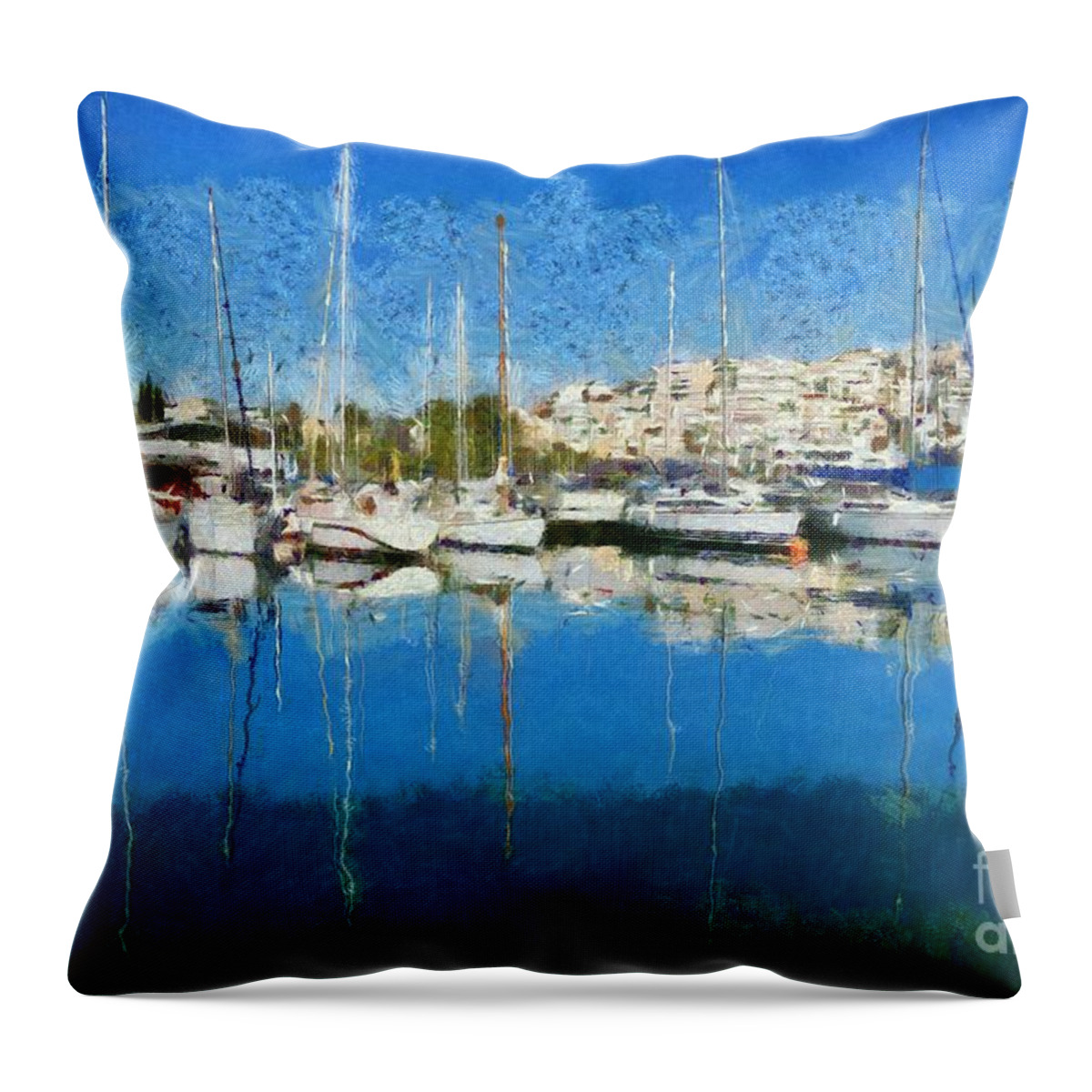 Mikrolimano Throw Pillow featuring the painting Reflections in Mikrolimano port #24 by George Atsametakis