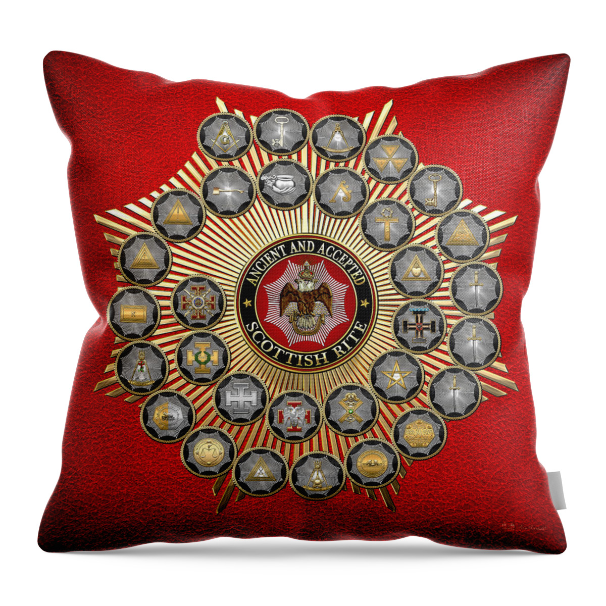 'scottish Rite' Collection By Serge Averbukh Throw Pillow featuring the digital art 33 Scottish Rite Degrees on Red Leather by Serge Averbukh
