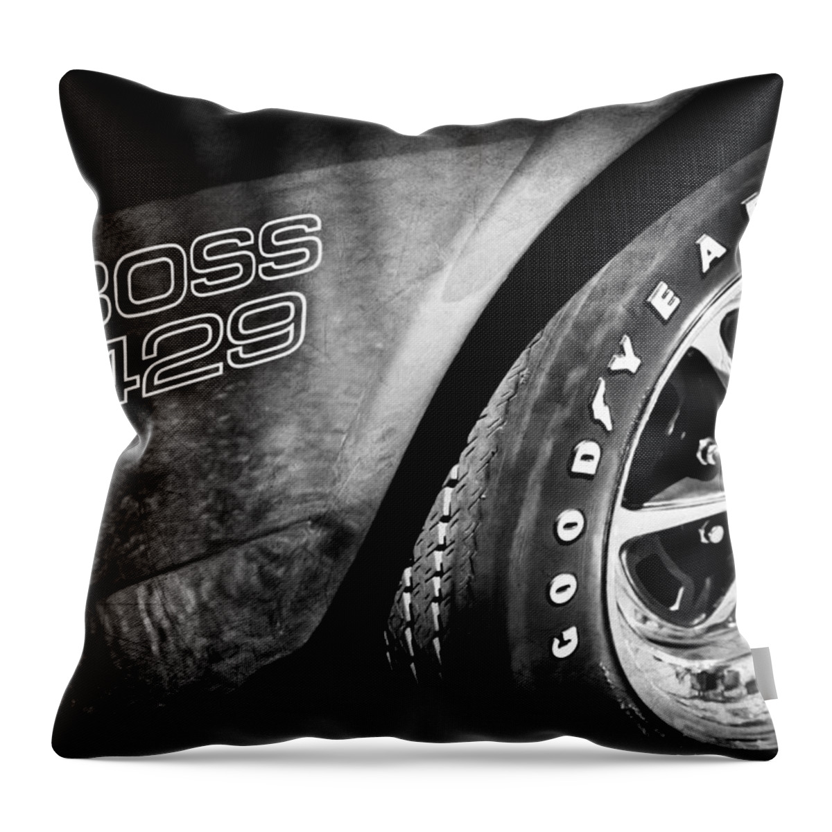 1969 Ford Mustang Boss 429 Sportsroof Side Emblem Wheel Throw Pillow featuring the photograph 1969 Ford Mustang Boss 429 Sportsroof Side Emblem - Wheel #4 by Jill Reger