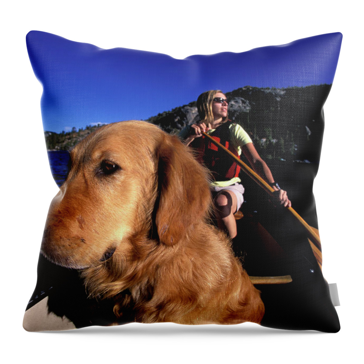 Adult Throw Pillow featuring the photograph A Man, Woman, And Dog In A Canoe #4 by Corey Rich