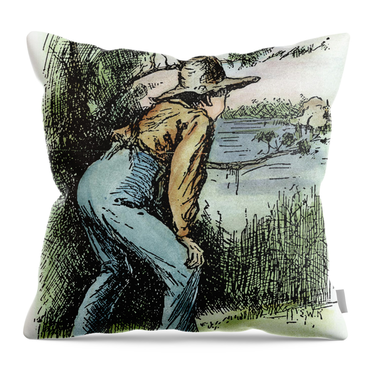 1885 Throw Pillow featuring the drawing Clemens Huck Finn, 1885 #4 by Granger