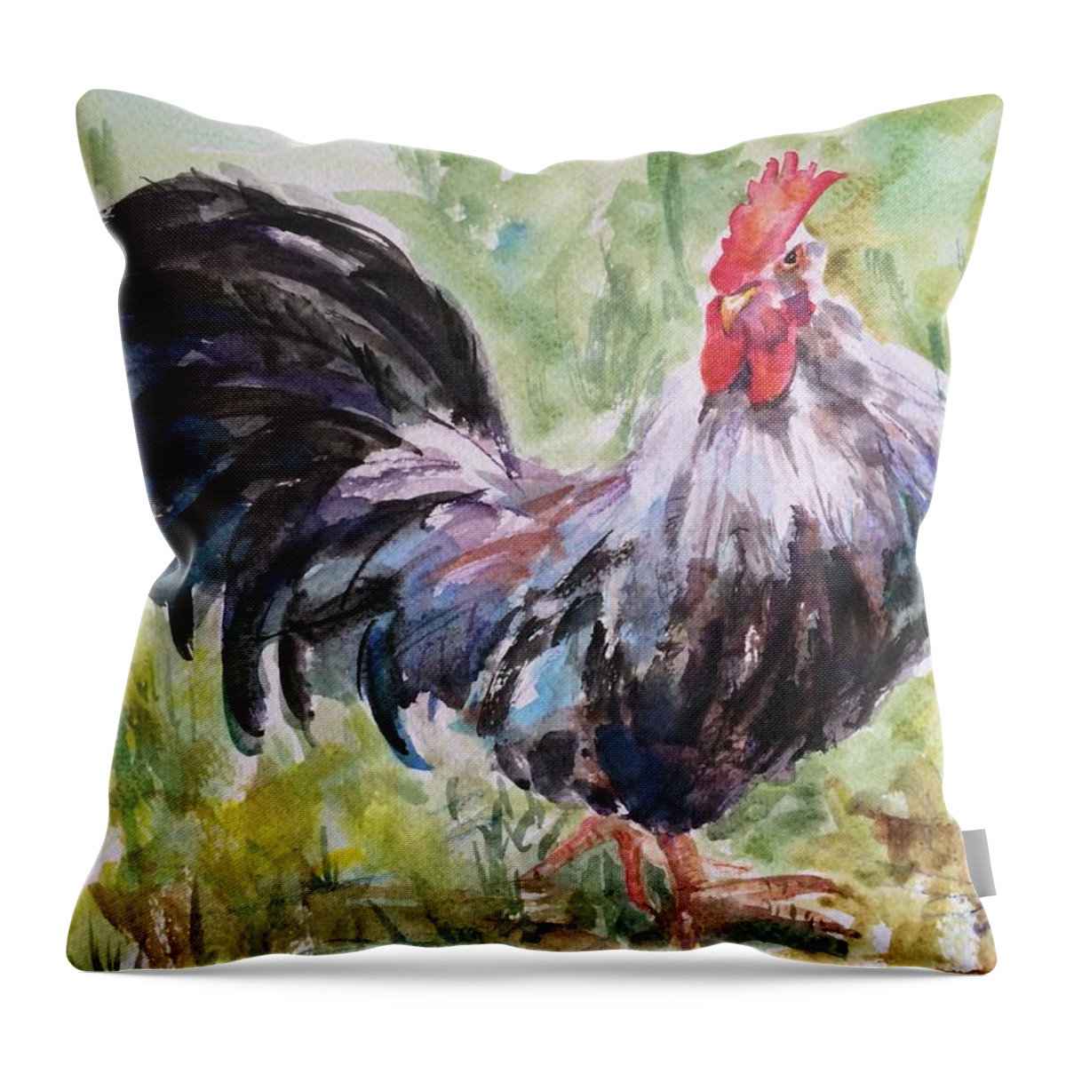 Rooster Throw Pillow featuring the painting Rooster #6 by Jieming Wang