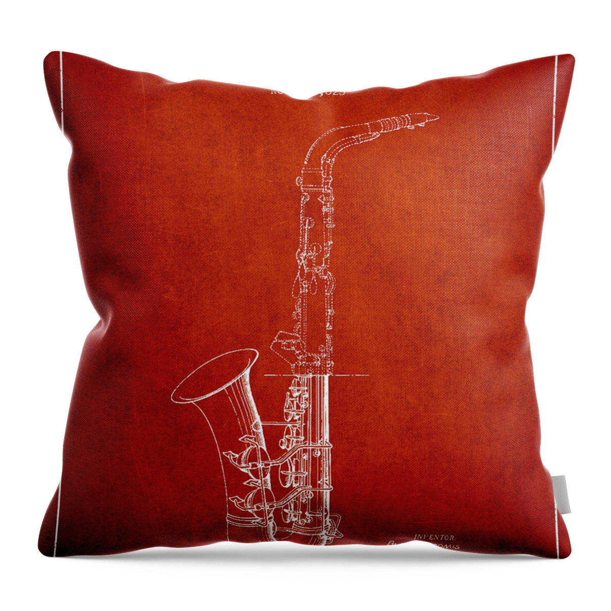 Saxophone Throw Pillow featuring the digital art Saxophone Patent Drawing From 1937 - Red by Aged Pixel