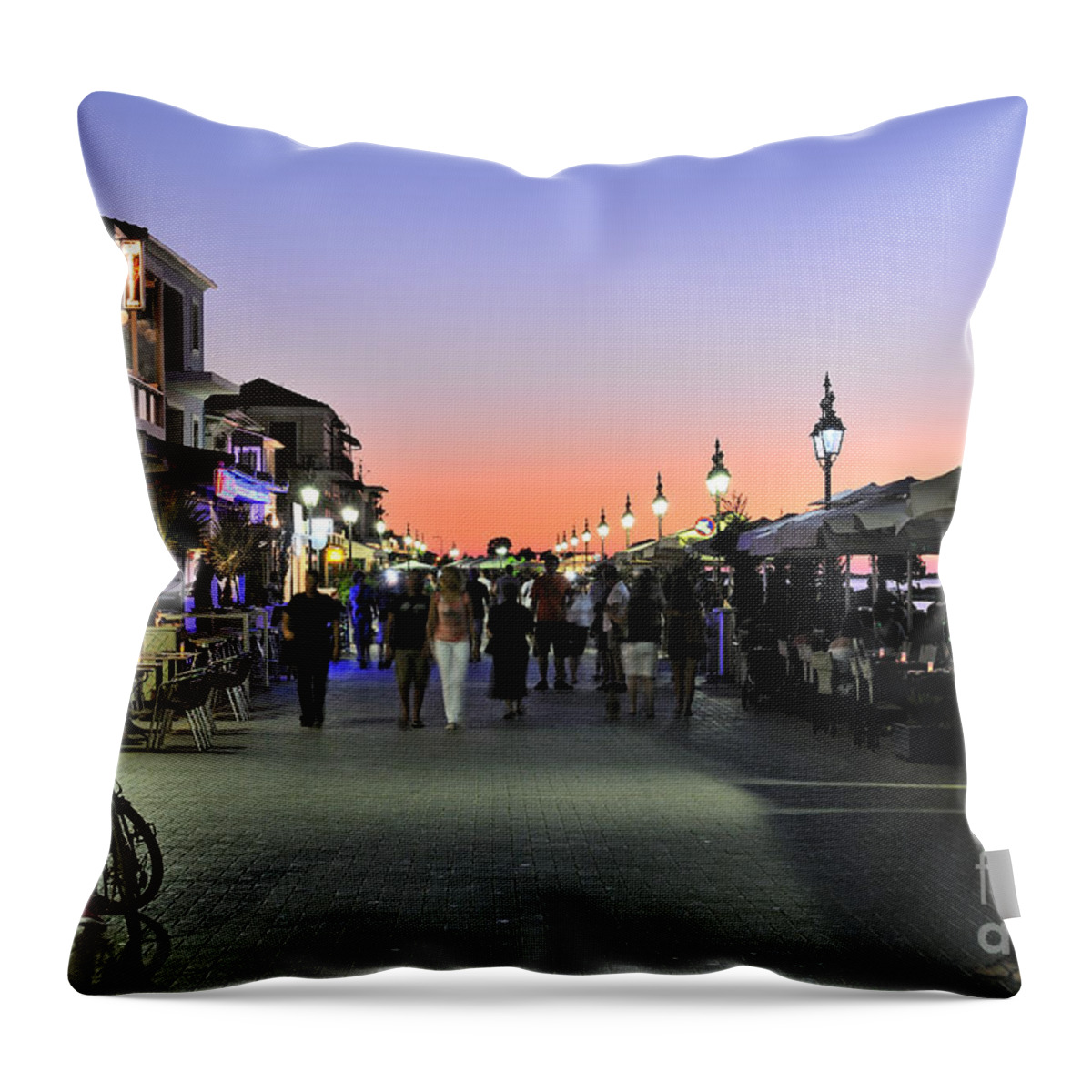 Lefkada; Lefkas; City; Town; People; Tourists; Dusk; Sunset Throw Pillow featuring the photograph Sunset in Lefkada island #5 by George Atsametakis
