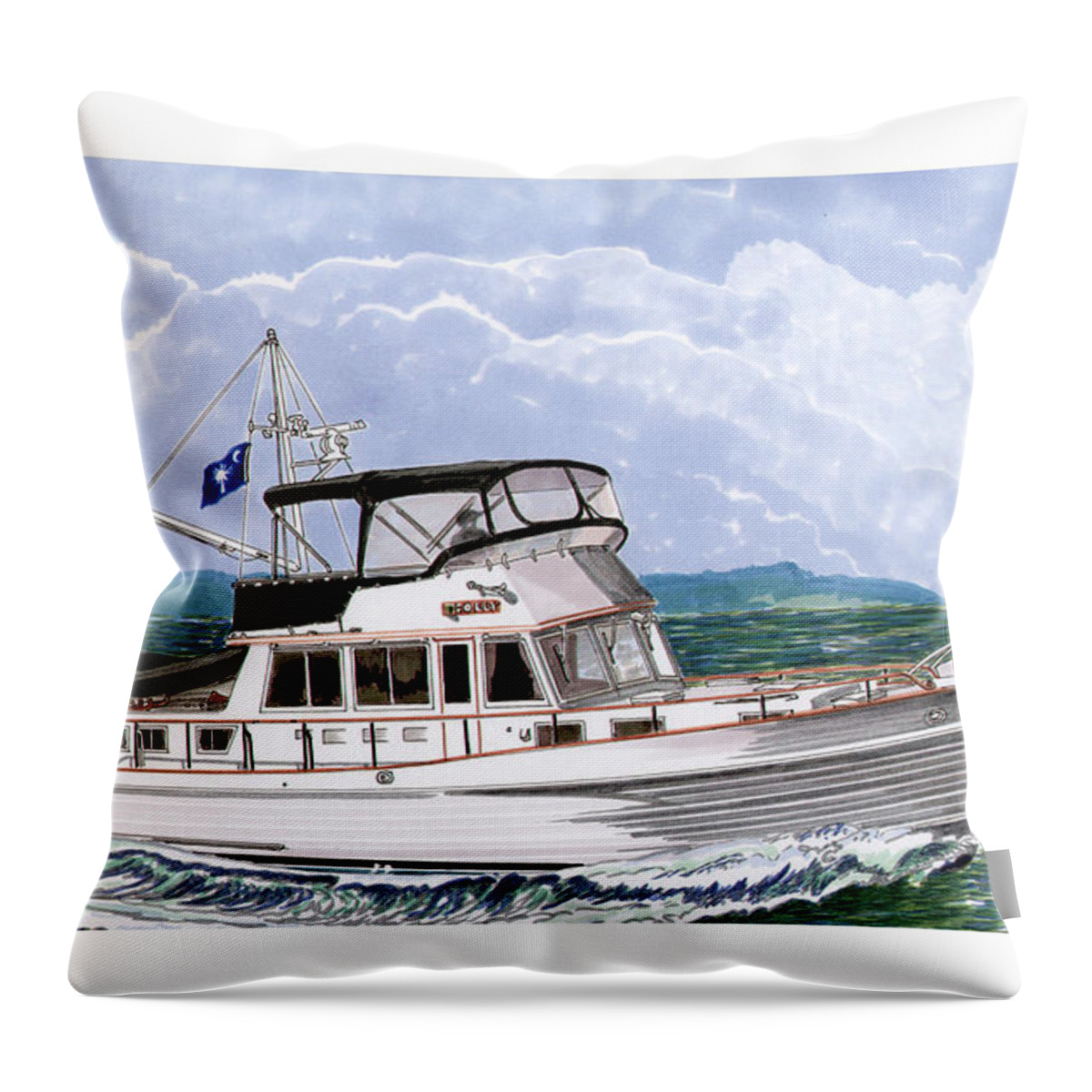 Yacht Portraits Throw Pillow featuring the painting 42 Foot Grand Banks Motoryacht by Jack Pumphrey