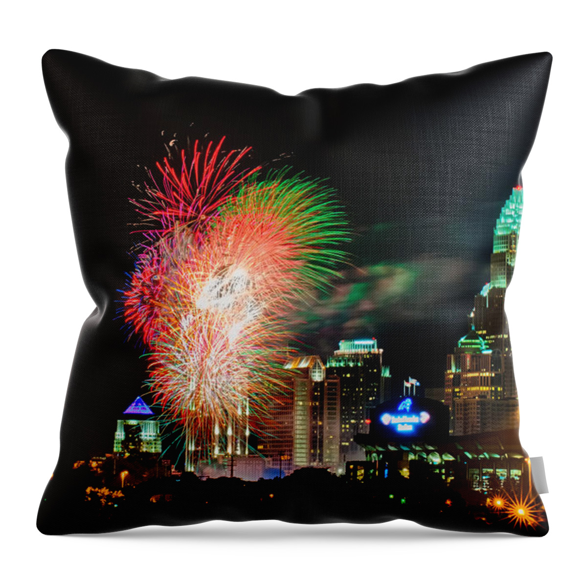 Carolina Throw Pillow featuring the photograph 4th Of July Firework Over Charlotte Skyline by Alex Grichenko