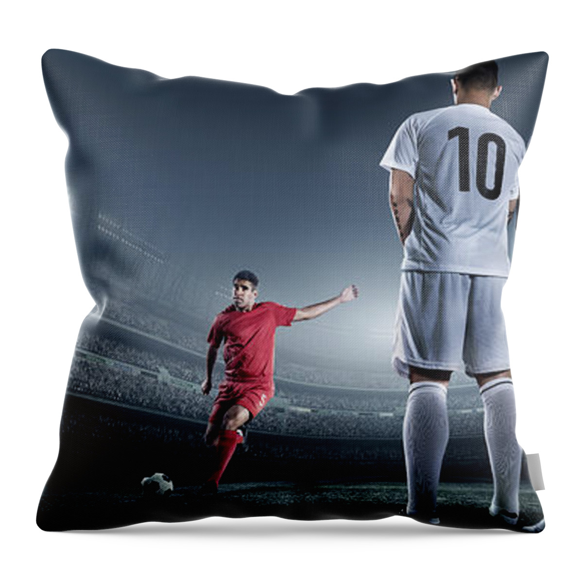 Soccer Uniform Throw Pillow featuring the photograph Soccer Player Kicking Ball In Stadium #5 by Dmytro Aksonov