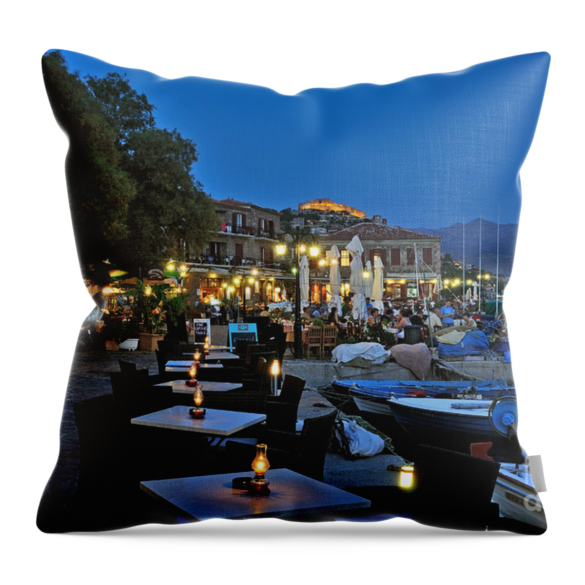 Lesvos; Lesbos; Molyvos; Molivos; Mithymna; Methymna; Village; Town; People; Tourists; Port; Harbor; Castle; Fortress; Islands; Greece; Greek; Hellas; Aegean; Summer; Holidays; Vacation; Tourism; Touristic; Travel; Trip; Island Throw Pillow featuring the photograph Molyvos village during dusk time #2 by George Atsametakis