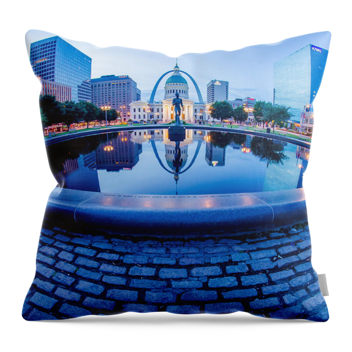 Arch Throw Pillow featuring the photograph St. Louis downtown skyline buildings at night #6 by Alex Grichenko