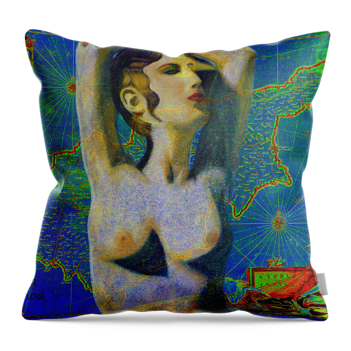 Augusta Stylianou Throw Pillow featuring the digital art Ancient Cyprus Map and Aphrodite #11 by Augusta Stylianou