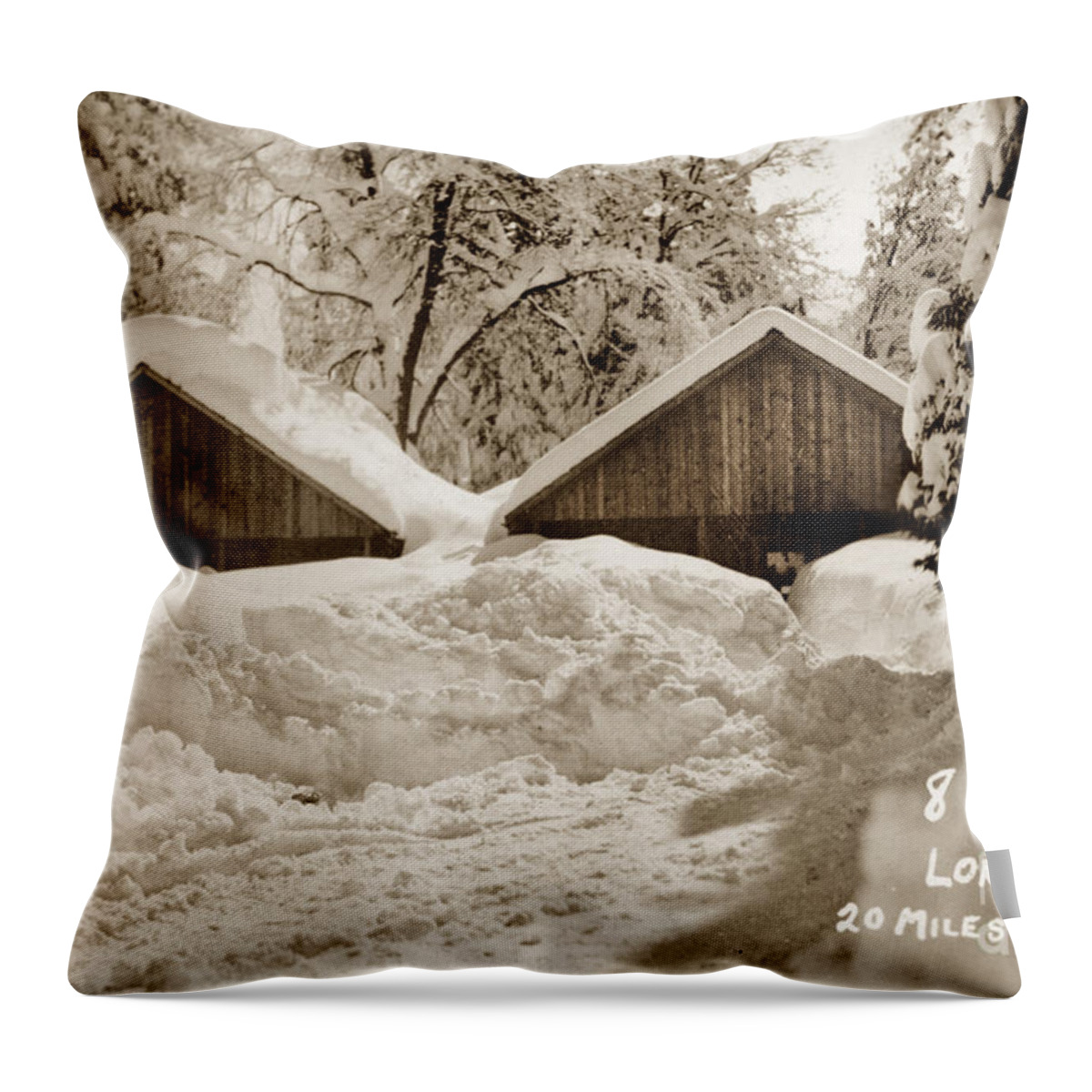 8 Feet Throw Pillow featuring the photograph 8 feet of snow Long Barn Tuolumne County 1930 by Monterey County Historical Society