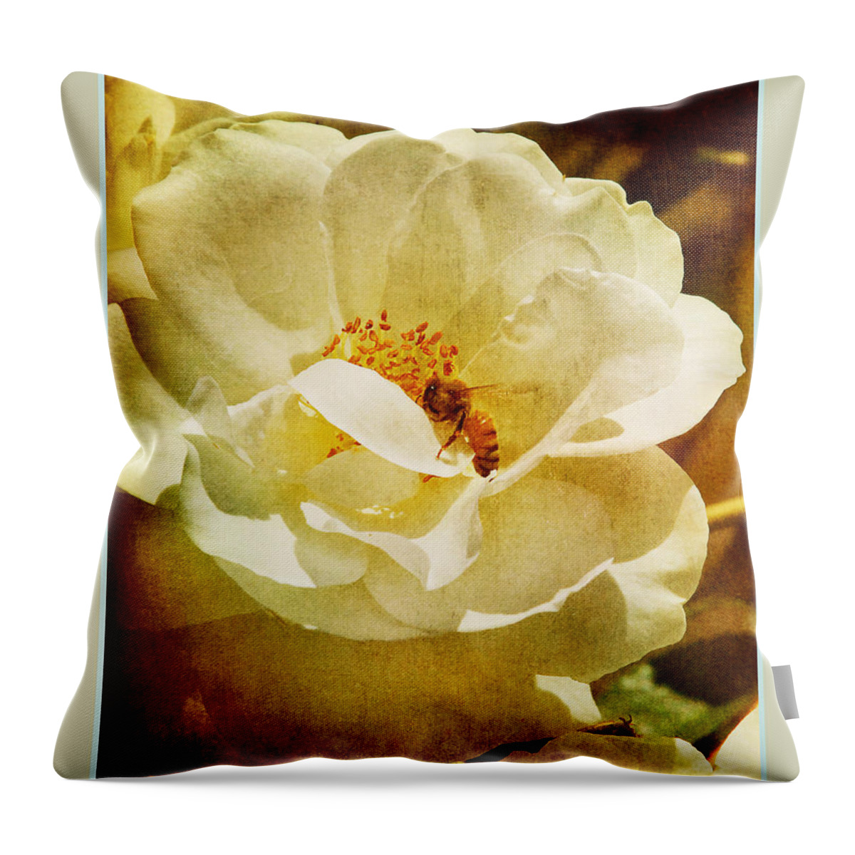 Garden Throw Pillow featuring the photograph A Bee and Rose by Linda Olsen