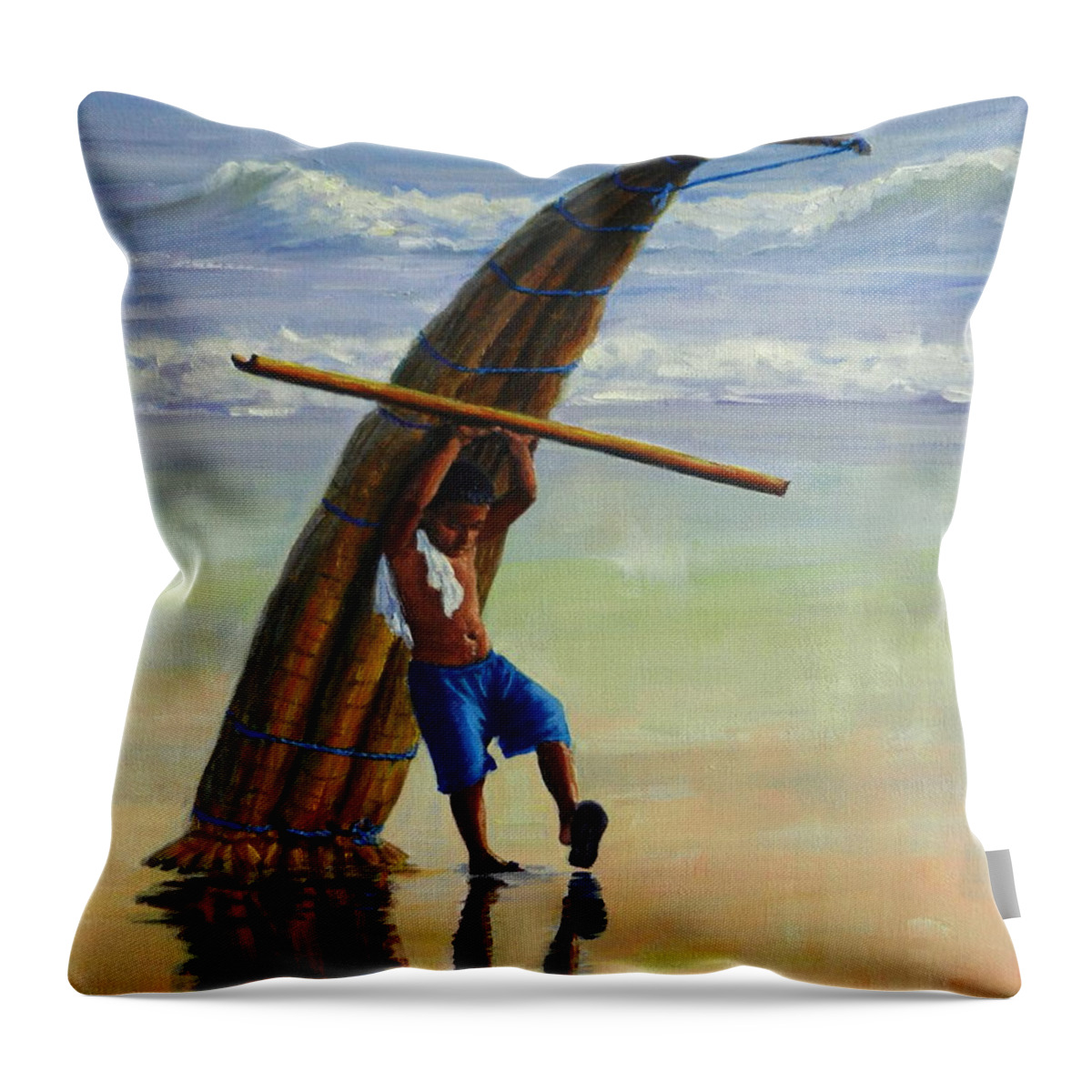 Ocean Throw Pillow featuring the painting A boy and his Caballito de Totora, Peru Impression by Ningning Li
