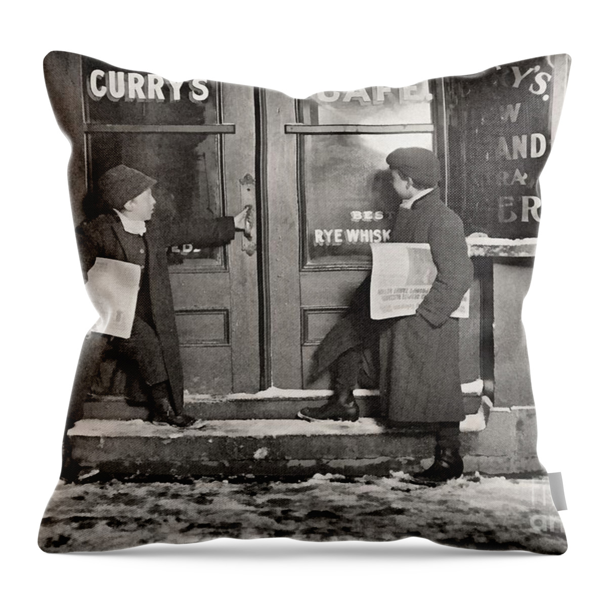 Boy Sell Paper Throw Pillow featuring the painting A common case of Team work by Vincent Monozlay