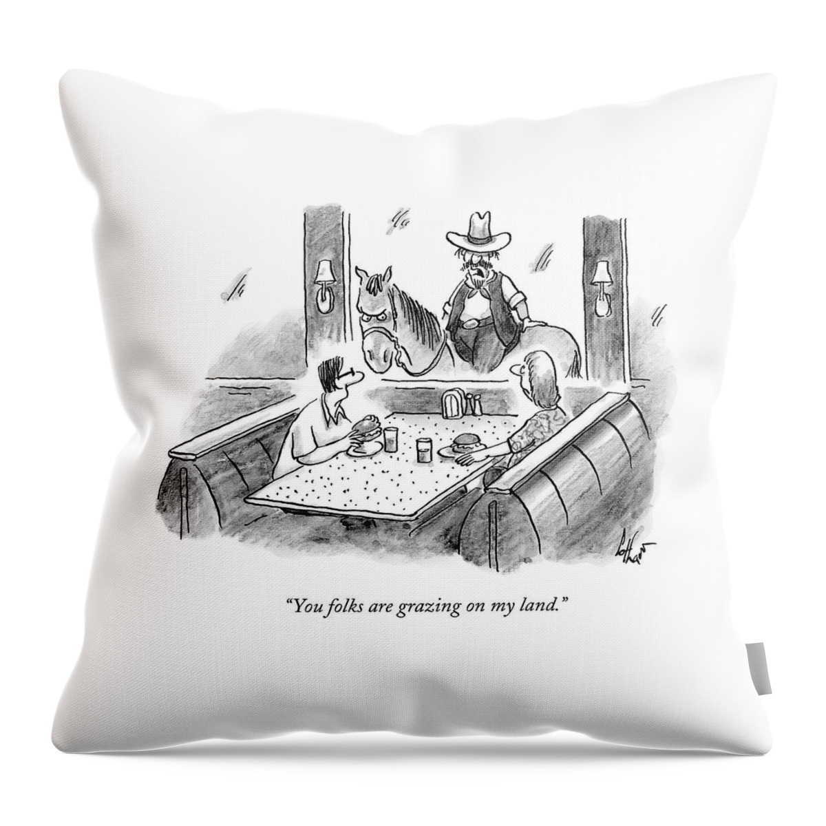 A Cowboy On A Horse Looks Into A Restaurant Throw Pillow