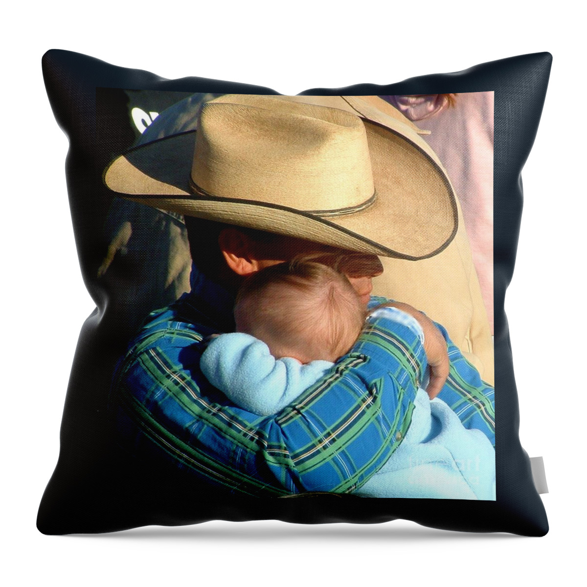 Cowboy With Baby Throw Pillow featuring the photograph A Cowboy's Love by Marilyn Smith
