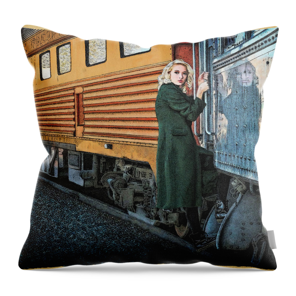 Departure Train Travel Reflection Stipple Throw Pillow featuring the drawing A Departure by Meg Shearer