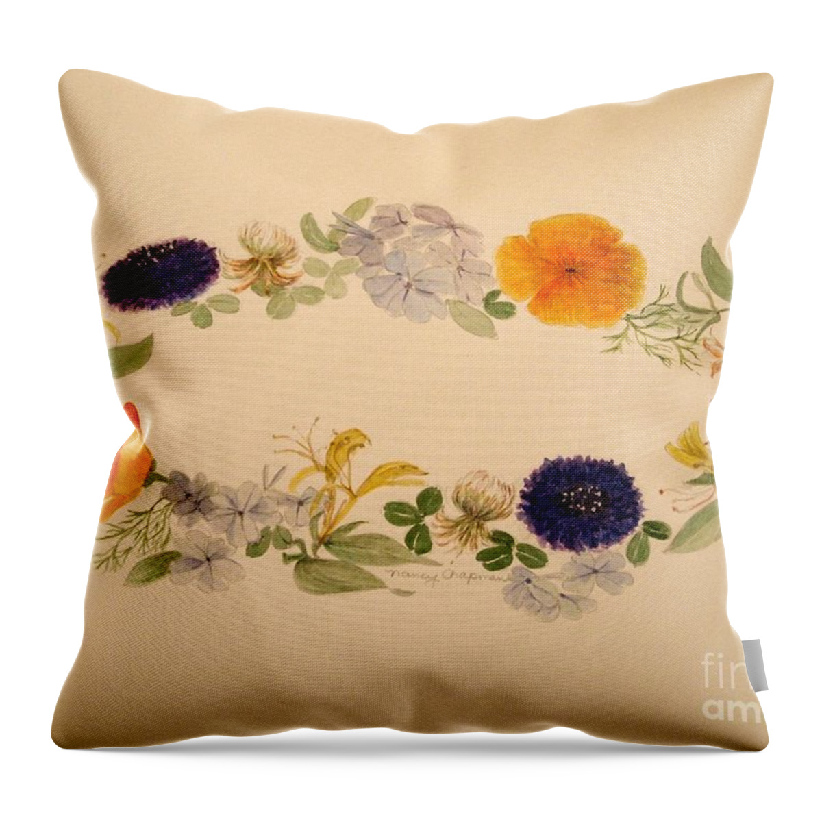 Watercolor Painting Throw Pillow featuring the painting A Flower Circle by Nancy Kane Chapman