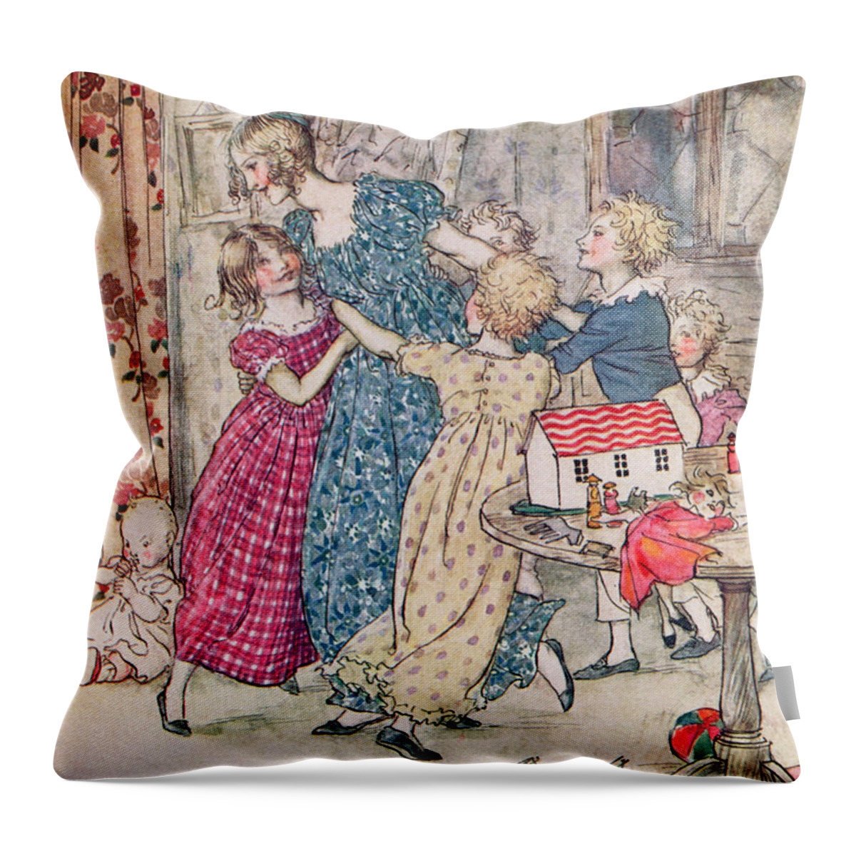 Children Throw Pillow featuring the painting A Flushed And Boisterous Group, Book Illustration by Arthur Rackham