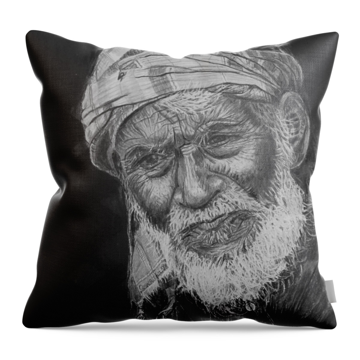 Old Man Throw Pillow featuring the drawing A Fly on his Turban by Quwatha Valentine