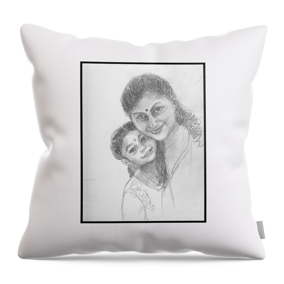 Sketch Throw Pillow featuring the drawing A friend and her daughter by Asha Sudhaker Shenoy