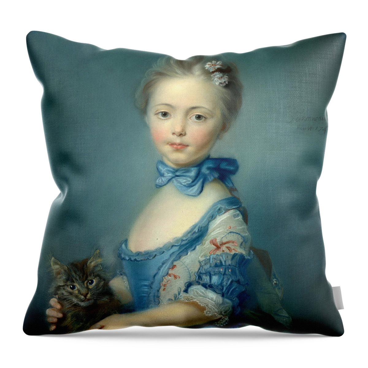 Jean-baptiste Perronneau Throw Pillow featuring the painting A Girl with a Kitten by Jean-Baptiste Perronneau