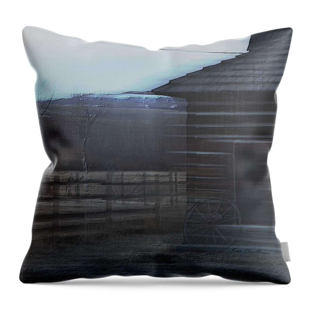 Old Ranch Building Throw Pillow featuring the mixed media A Glance Back 2 by Kae Cheatham