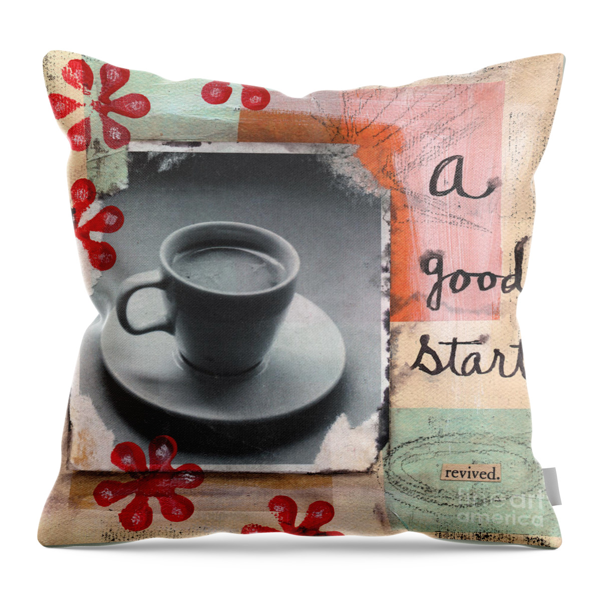 Coffee Throw Pillow featuring the mixed media A Good Start by Linda Woods
