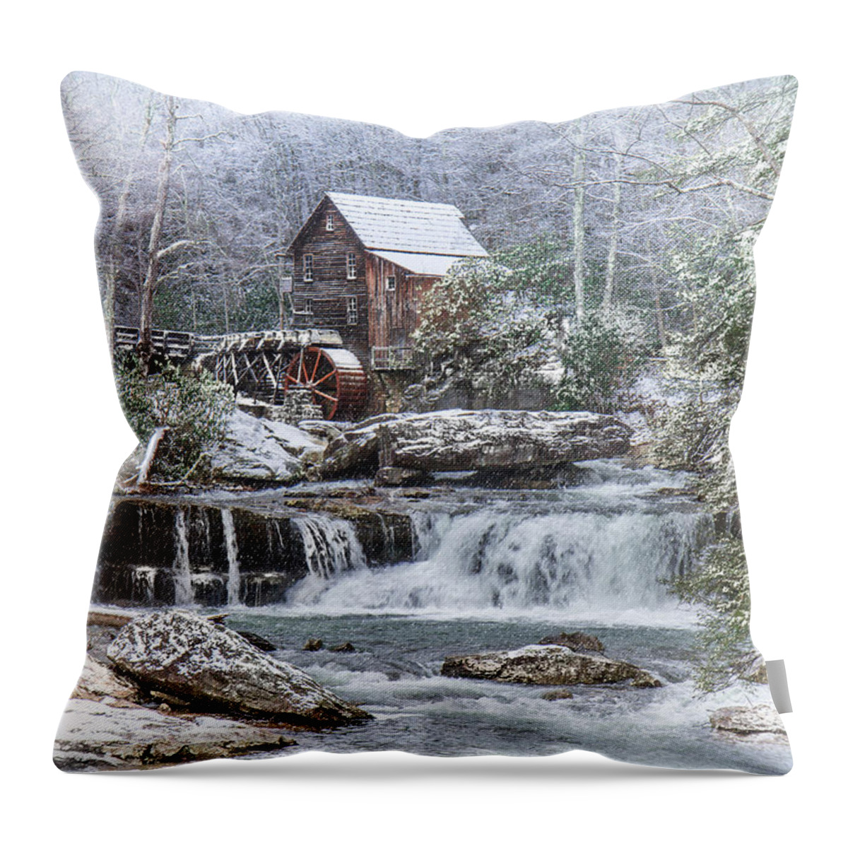 Babcock State Park Throw Pillow featuring the digital art A Gristmill Christmas by Mary Almond