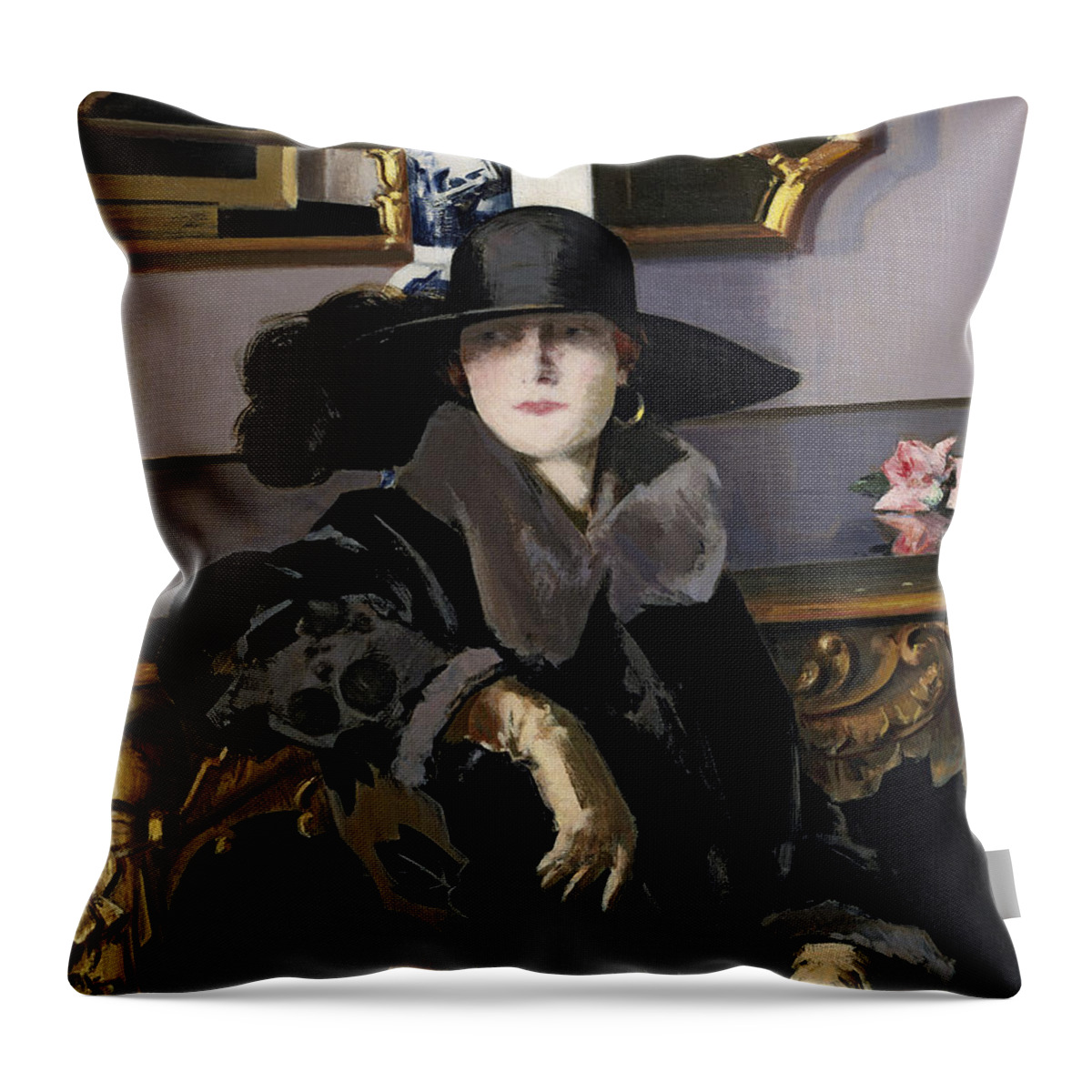 Female Throw Pillow featuring the painting A Lady In Black by Francis Campbell Boileau Cadell