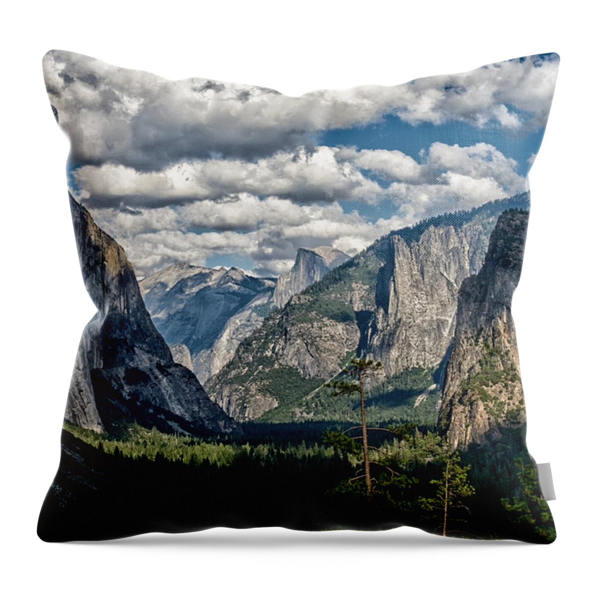 Water River Waterfall Mountains Yosemite National Park Sierra Nevada Landscape Scenic Nature California Sky Clouds Trees Throw Pillow featuring the photograph A Magical Place by Cat Connor