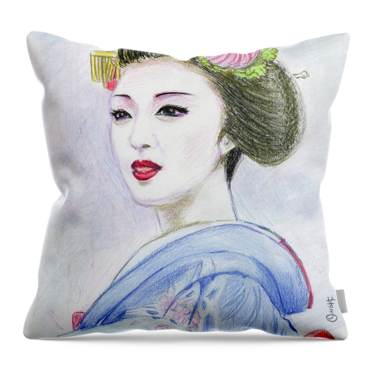 Geisha Throw Pillow featuring the drawing A Maiko Girl by Yoshiko Mishina