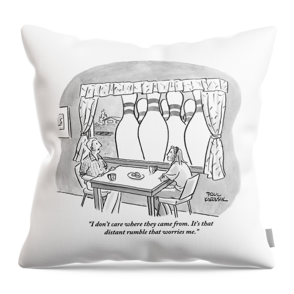 A Man And A Woman Are Sitting At A Round Table Throw Pillow