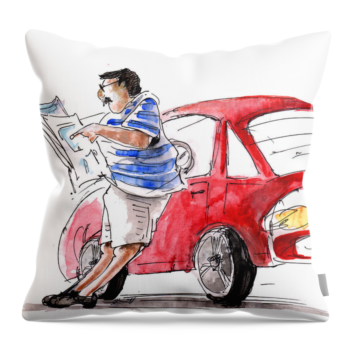 Sketch Throw Pillow featuring the painting A Man and His Car and His Newspaper by Miki De Goodaboom
