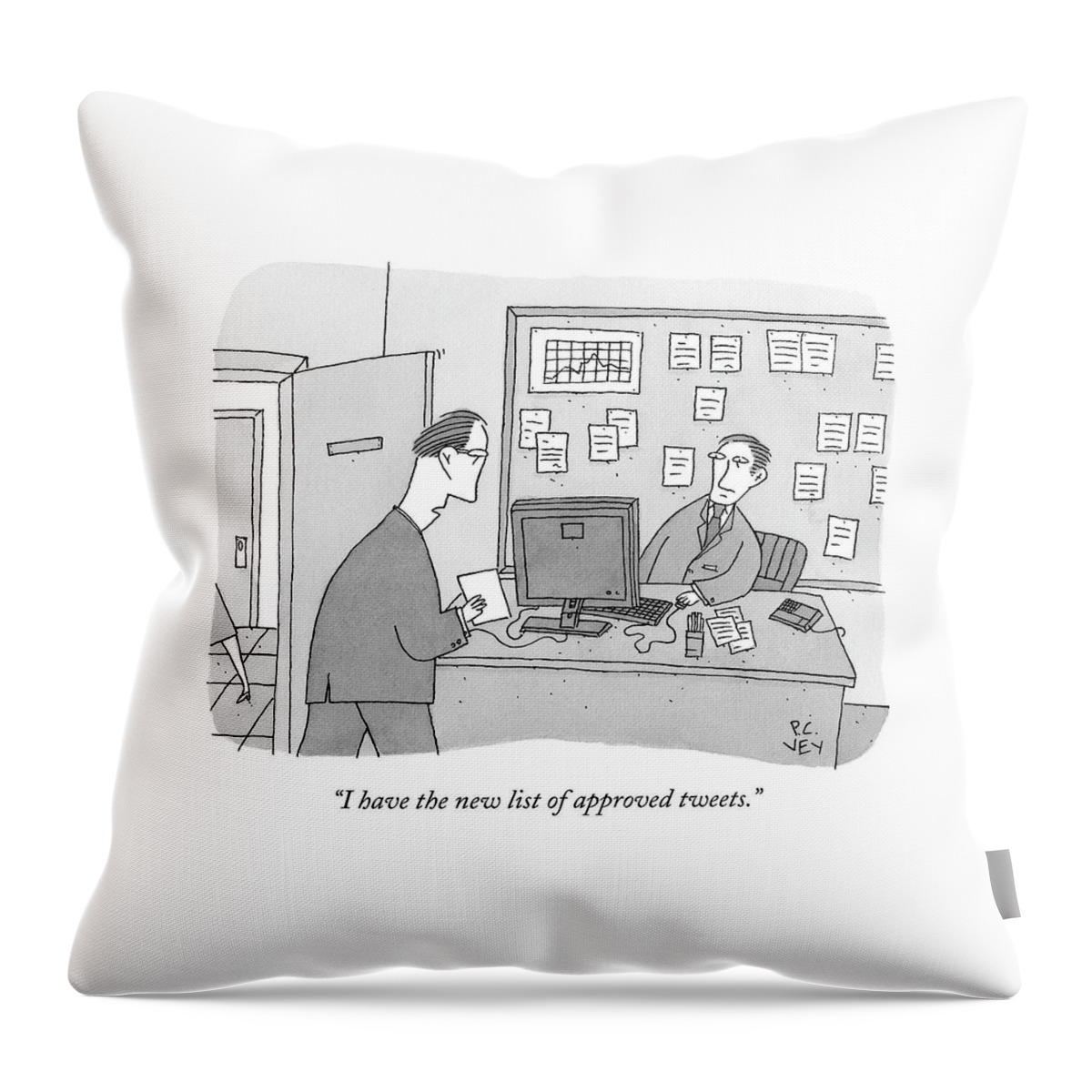 A Man Approaches His Coworker Who Is Seated Throw Pillow