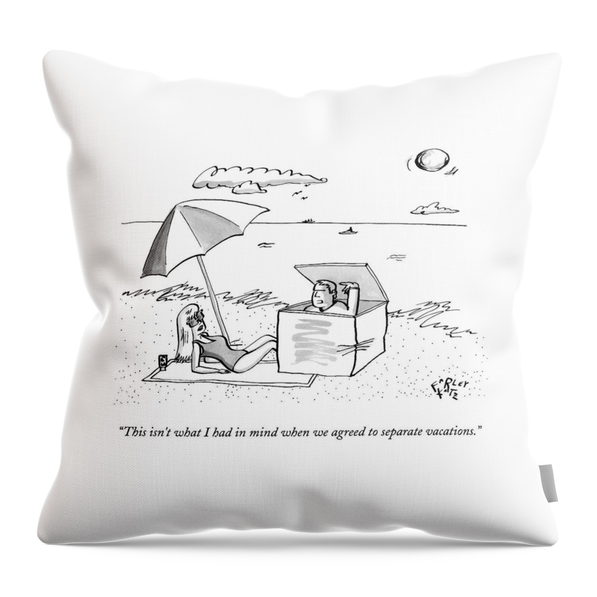 A Man Emerges From A Box On The Beach And Speaks Throw Pillow
