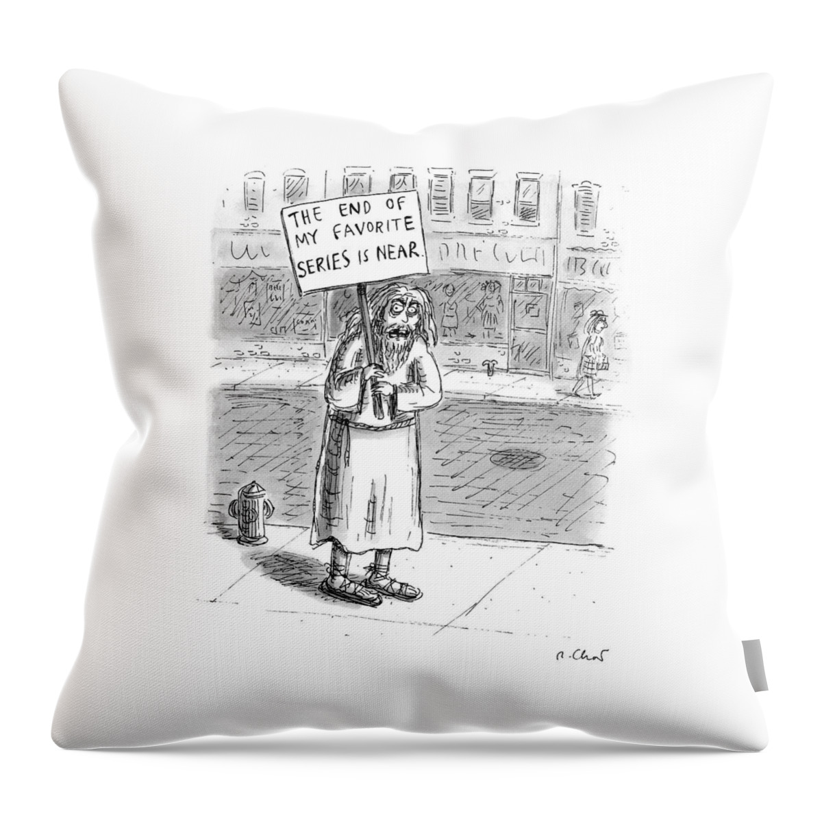 A Man In Torn Clothing On The Sidewalk Holds Throw Pillow
