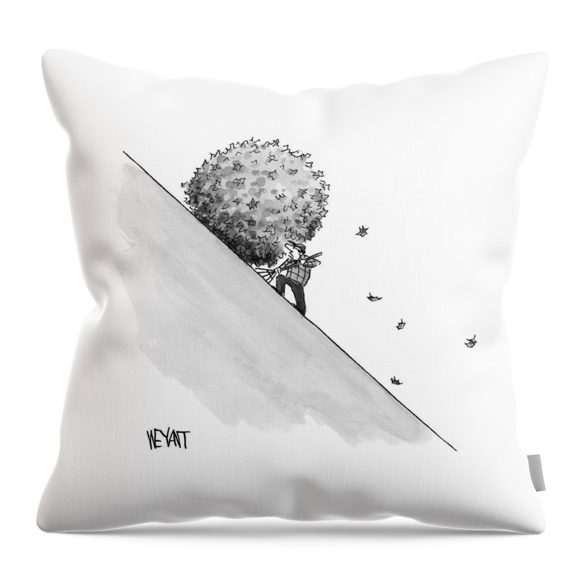 A Man Rakes Leaves Uphill Throw Pillow