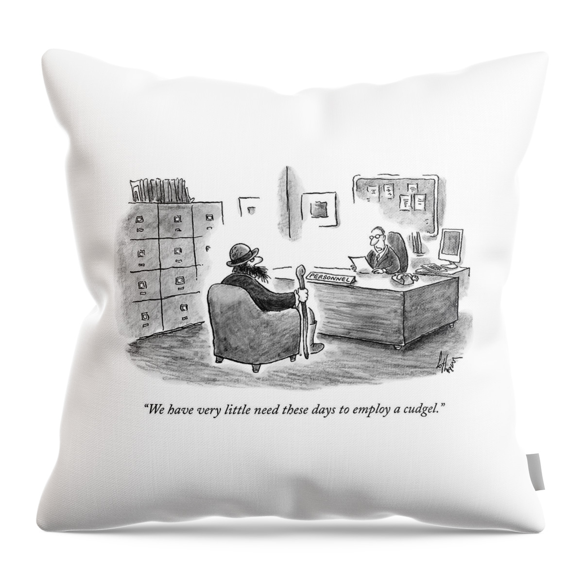 A Man Sits Across From A Personnel Desk Throw Pillow