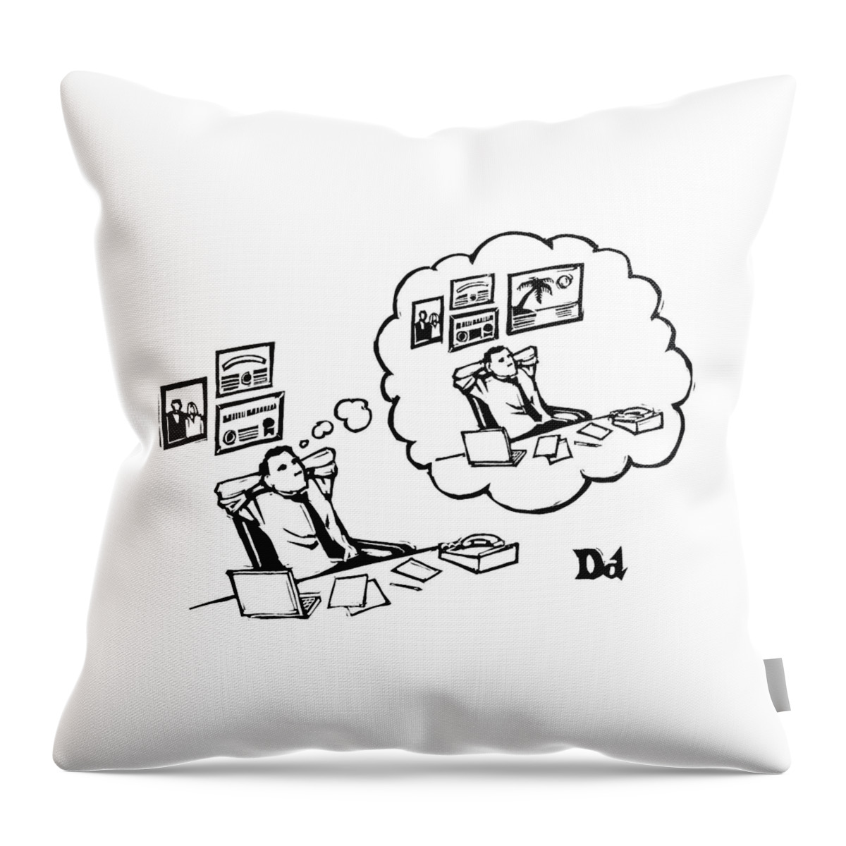 A Man Sitting At A Desk Imagines Himself Sitting Throw Pillow