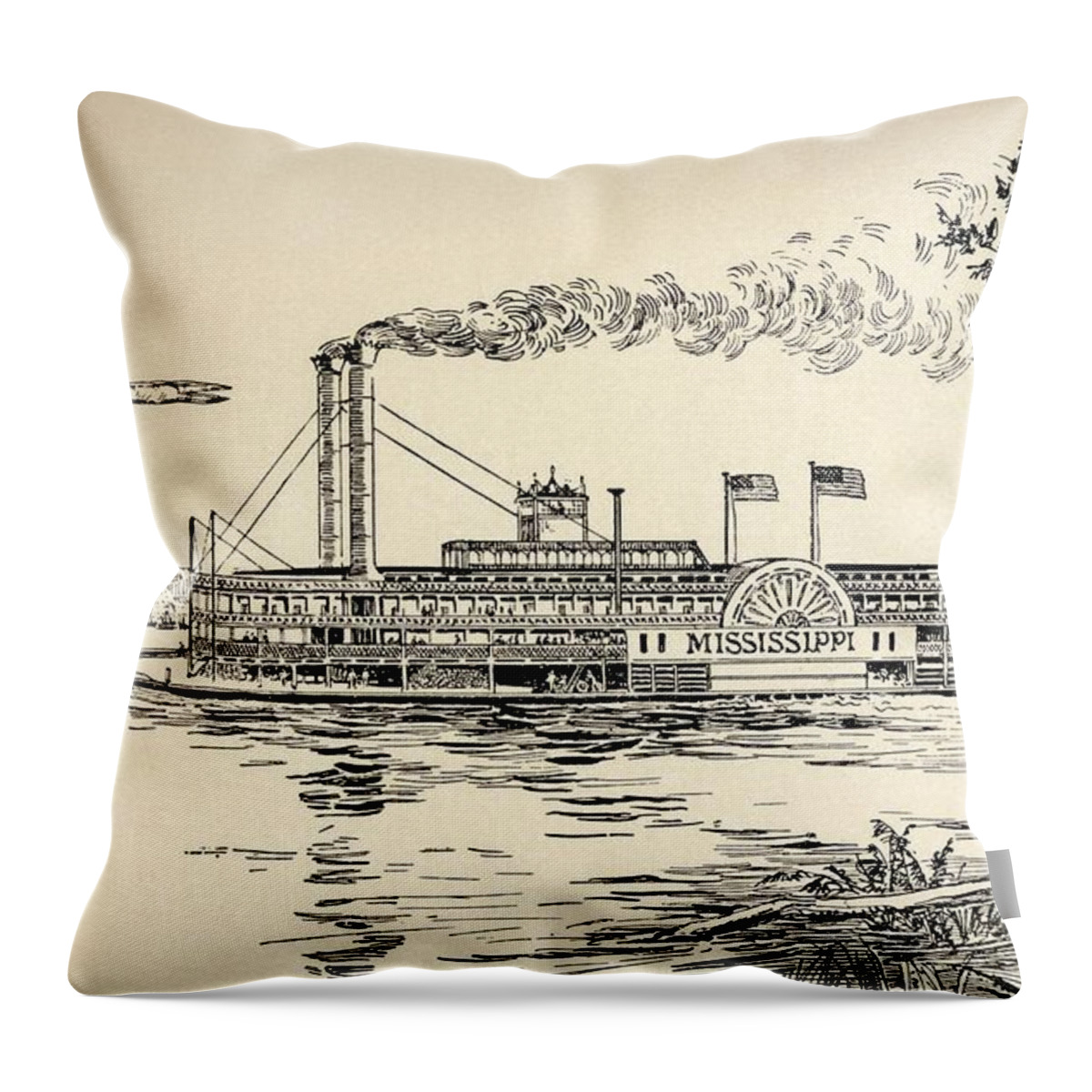 Steam Boat Throw Pillow featuring the drawing A Mississippi Steamer off St Louis from American Notes by Charles Dickens by EH Fitchew