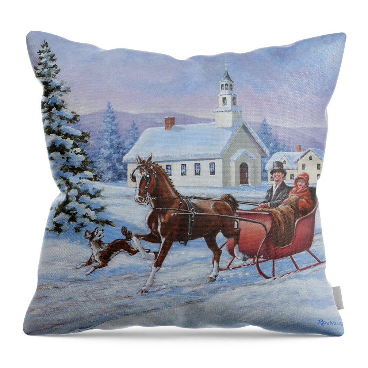 Horse Throw Pillow featuring the painting A One Horse Open Sleigh by Richard De Wolfe