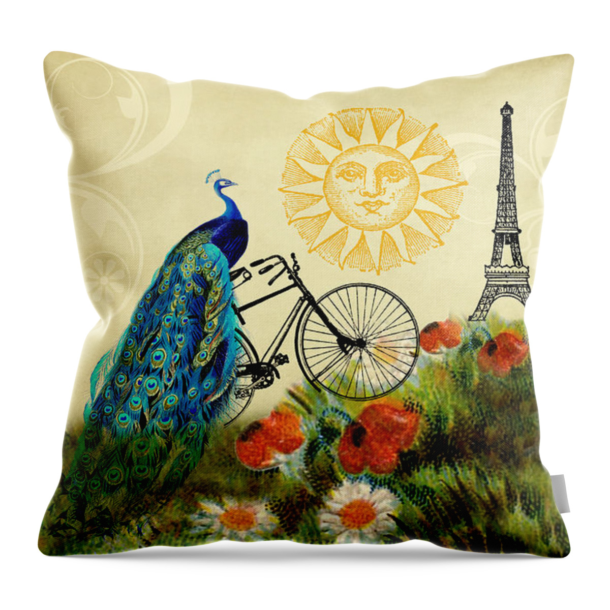 Peacocks Throw Pillow featuring the digital art A Peacock in Paris by Peggy Collins