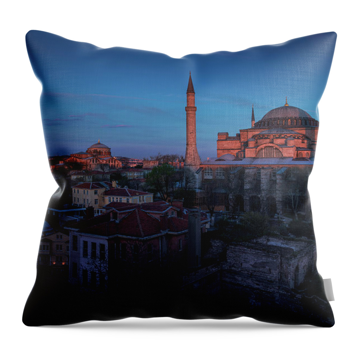 Tranquility Throw Pillow featuring the photograph A Pink Light Cast On Hagia Sophia by Coolbiere Photograph
