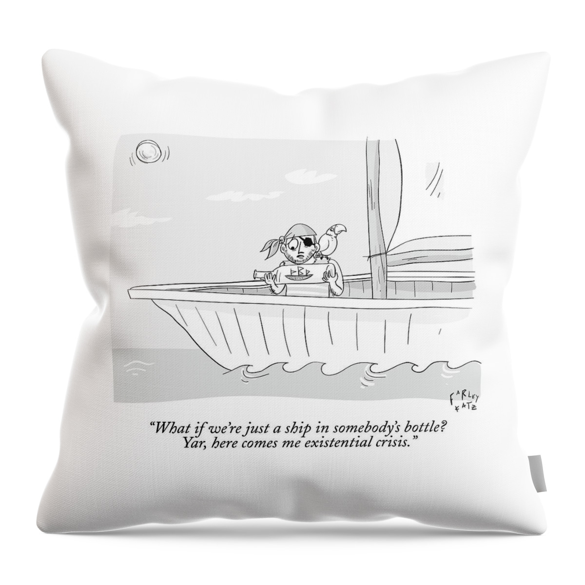 A Pirate In A Ship Holds A Ship In A Bottle Throw Pillow